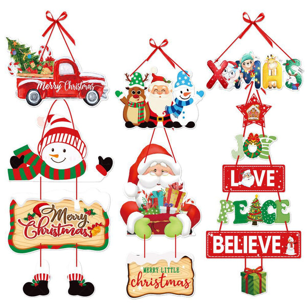 6Pcs Christmas Hanging Door Sign Welcome Sign for Front Door Xmas Party Decorations