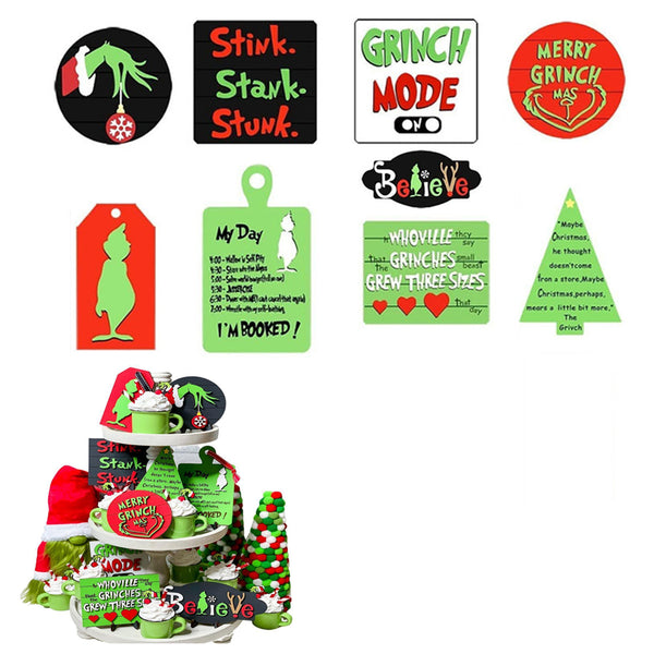 9Pcs Wooden Christmas Tiered Tray Decor Green Farmhouse Standing Signs Decorations Grinch Table Signs