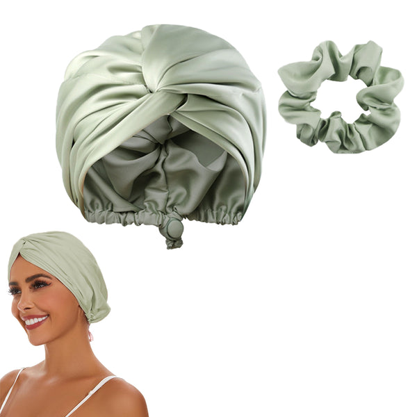 Adjustable Satin Hair Bonnet Sleeping Night Cap Hair Wrap Turban Green