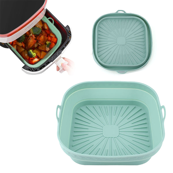 2Pcs Square Foldable Air Fryer Silicone Pot Reusable Baking Tray Basket Mat Oven Accessories Green