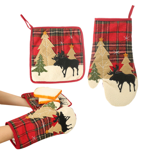 Christmas Oven Mitt Pot Holder Set Reusable Kitchen Heat Insulation Pad Microwave Gloves