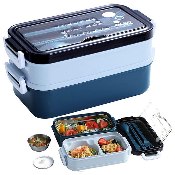 Lunch Box Food Containers Bento Microwave Stainless Portable Box with Dinnerware Blue