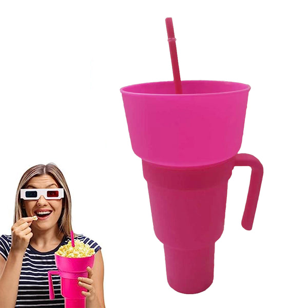 2-In-1 Snack Bowl with Straw Reusable Tumbler Popcorn Cup Pink