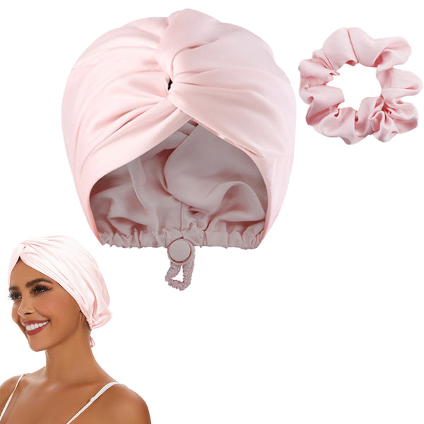 Adjustable Satin Hair Bonnet Sleeping Night Cap Hair Wrap Turban Pink