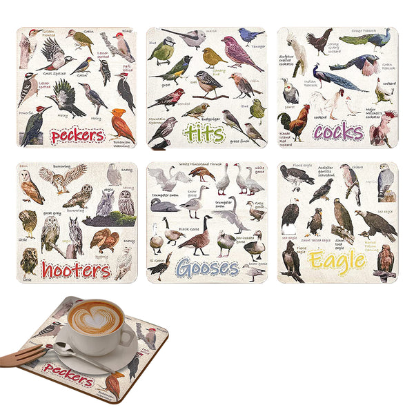 Set of 6  Funny Bird Pun Coasters Square Drink Cup Pad for Home Kitchen Bar Decor