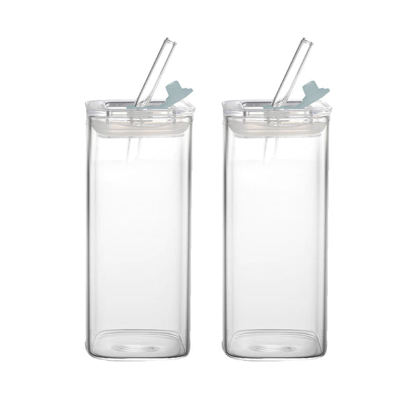 Set of 2Pcs 400ml Clear Glass Cup With Lid And Straw Transparent Milk Coffee Mug Tea Cup