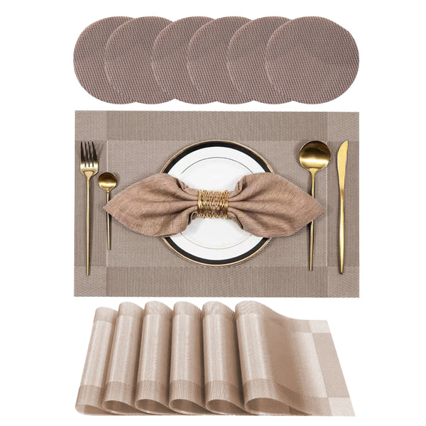 Set of 6Pcs Placemats with Coasters Heat Stain Non-Slip Washable Dining Table Place Mats Khaki