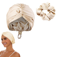 Adjustable Satin Hair Bonnet Sleeping Night Cap Hair Wrap Turban Champagne