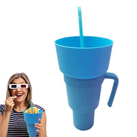 2-In-1 Snack Bowl with Straw Reusable Tumbler Popcorn Cup Blue