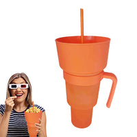 2-In-1 Snack Bowl with Straw Reusable Tumbler Popcorn Cup Orange