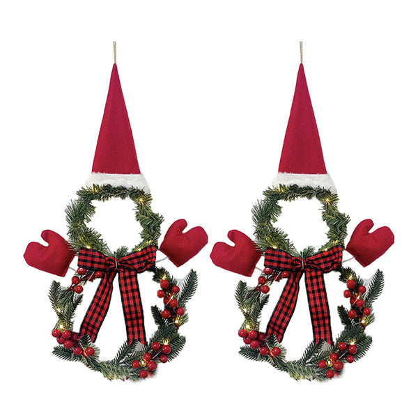 2Pcs Christmas Wreath Door Decoration LED Snowman Shape Wreath with Hat and Bow Home Christmas Decor