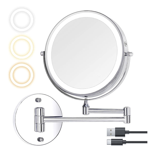 10X 8-inch Wall Mounted Magnifying Makeup Mirror with LED Light Dual Side