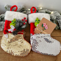 2Pcs Sequin Green Monster Christmas Stocking Xmas Tree Pendant Christmas Decoration