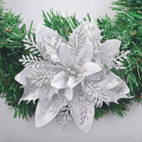 12 Pieces Set Christmas Glitter Flowers Decorations Xmas Faux Flowers Wedding Party Ornaments Silver