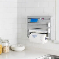 6-in-1 Wall Mounted Paper Towel Holder with Cutter Cling Film Foil Dispenser with Storage Rack Grey