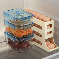 4-Tier Auto Rolling Egg Dispenser Refrigerator Egg Holder Kitchen Egg Storage Organizer Beige