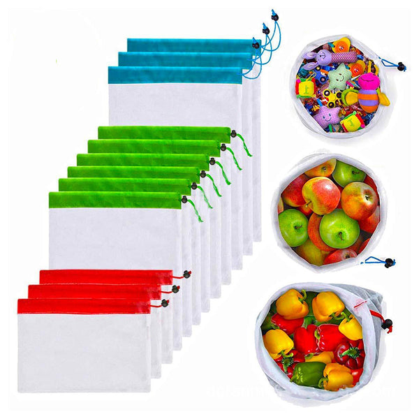 12Pcs Set Reusable Mesh Produce Bags Eco-Friendly Drawstring Bags