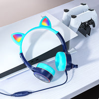 Headworn Headphone for Children Gaming Cat Ear Adjustable Headphones LED Lights Wired Headset Dark Blue