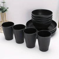 18pcs Set Wheat Straw Dinnerware Reusable Cups Plates Bowls Set Black