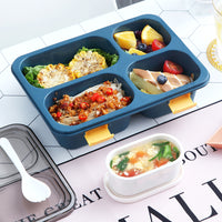 Portable 4-Compartment Microwaveable Lunch Box Bento Box with Cutlery Blue