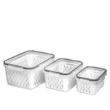 3Pcs Fridge Food Storage Container Set with Lids Plastic Fresh Food Saver with Strainer Gray