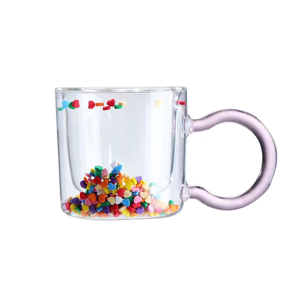 Double Walled Glass Mug Cute Office Coffee Tea Milk Cups Hearts Granular Cup for Birthday Valentine's Day Pink