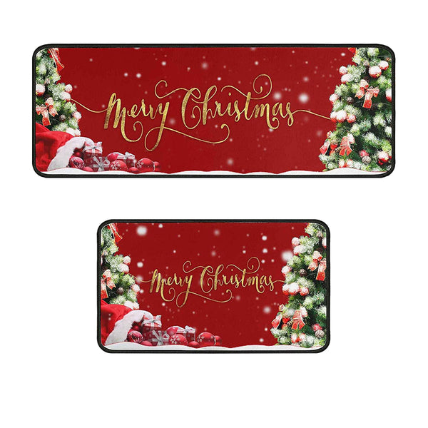 2Pcs Set Christmas Floor Mats Non-Slip Kitchen Mats Xmas Doormats Style 1