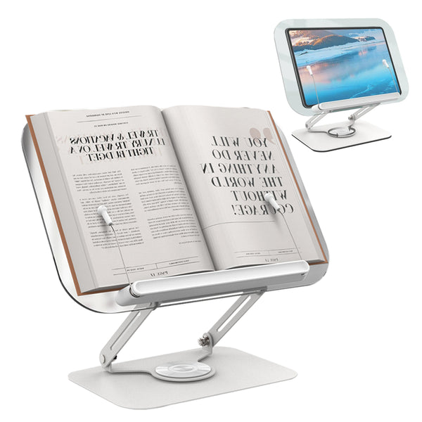 Adjustable Hands Free Book Stand for Reading with 360-Degree Rotating Base and Page Clips