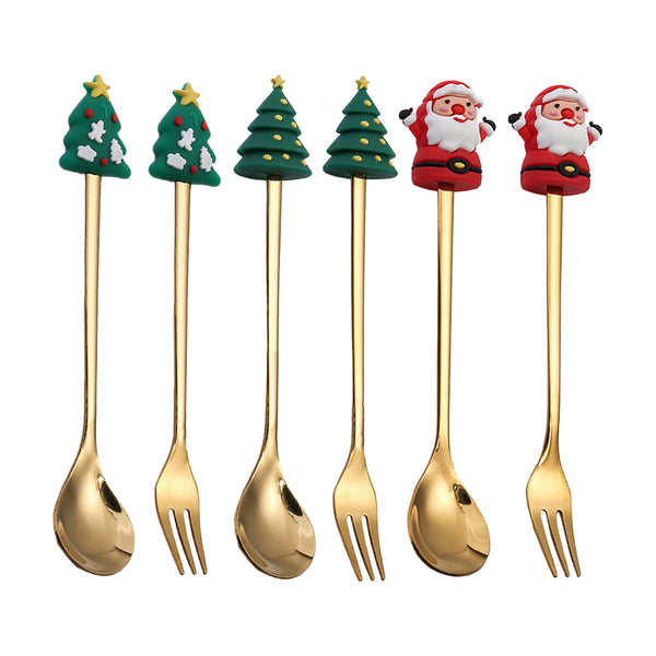 6Pcs Christmas Cutlery Cake Dessert Coffee Stainless Steel Spoon Fruit Fork Tableware Style 1