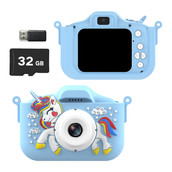 1080P HD Kids Digital Camera Unicorn Camera Toy Gift with 32G Memory Card Blue