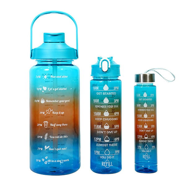 3-Piece Set Motivational Water Bottles Set Sports Drinking Bottle with Time Markings Blue