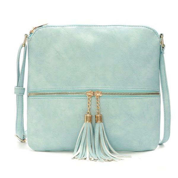 Girls Crossbody Bag Shoulder Bag with Tassel and Zipper Pocket Blue