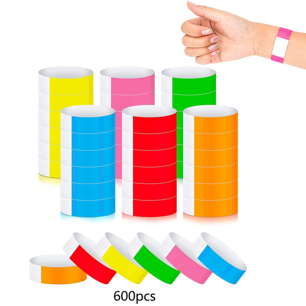 600Pcs Adhesive Paper Wristbands Neon Colored Water-Resistant Hand Bands for Events Party Concert