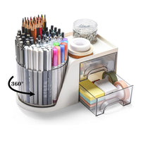 Rotating Desk Organizer with 2 Drawer Pen Holder Office Home Art Supplies