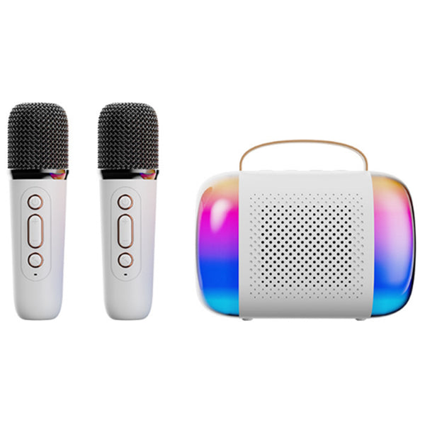 Mini Karaoke Machine with 2 Wireless Microphones Portable Bluetooth Speaker Colorful Lights White