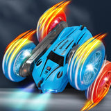 2.4 GHZ Remote Control Stunt Car 4WD Double Sided Rotating Crawler with Headlights Blue