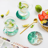 6Pcs Marble Textured Round Coasters for Drinks Absorbent Ceramic Coffee Coaster with Cork Base and Metal Holder Set Green