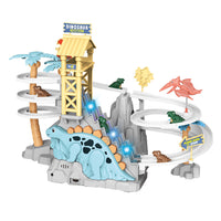 Electric Dinosaurs Climbing Slide Stairs Toy  Light Up Music Race Track Toy With 5 Little Dinosaurs Blue