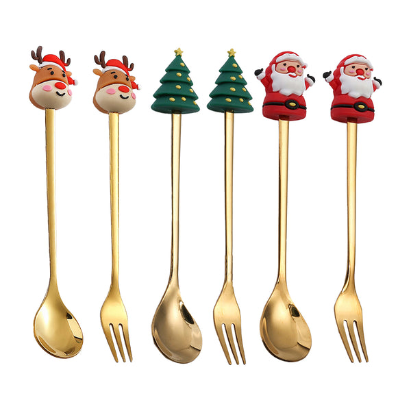 6Pcs Christmas Cutlery Cake Dessert Coffee Stainless Steel Spoon Fruit Fork Tableware Style 2