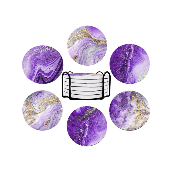 6Pcs Marble Textured Round Coasters for Drinks Absorbent Ceramic Coffee Coaster with Cork Base and Metal Holder Set Purple