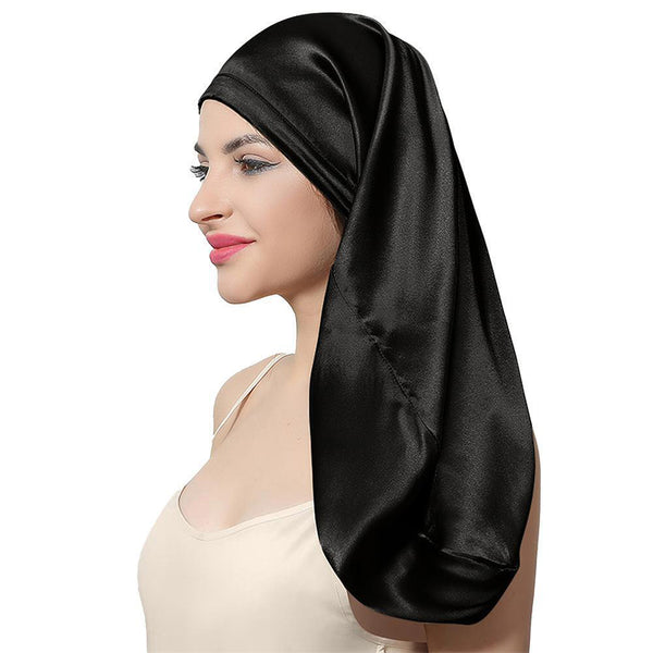 100%Silk Long Bonnet Sleep Cap Long Satin Night Cap Black