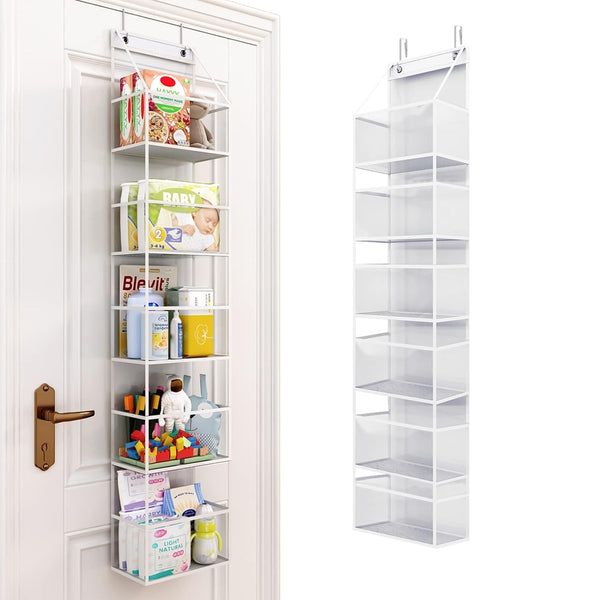 6-Shelf Over The Door Hanging Pantry Organizer Room Storage Organizer with Clear Pockets White