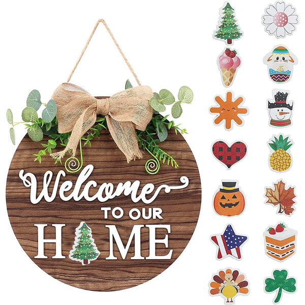 Interchangeable Seasonal Welcome Sign Round Wood Wreaths Hanging Decoration for Outdoor Porch