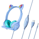 Headworn Headphone for Children Gaming Cat Ear Adjustable Headphones LED Lights Wired Headset Blue