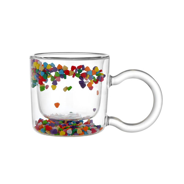 Double Walled Glass Mug Cute Office Coffee Tea Milk Cups Hearts Granular Cup for Birthday Valentine's Day Transparent