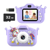 1080P HD Kids Digital Camera Unicorn Camera Toy Gift with 32G Memory Card Purple