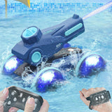 Amphibious Remote Control Car Boat Toy  RC 4WD Stunt Car with Lights for Kids Blue