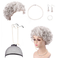 7Pcs Set Old Lady Costume Set Grandmother Wig Granny Glasses Necklace Granny Accessory for Cosplay Party Style 2