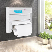 6-in-1 Wall Mounted Paper Towel Holder with Cutter Cling Film Foil Dispenser with Storage Rack White