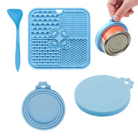 3Pcs Dog Feeding Set Silicone Pet Slow Feeder Lick Mat with Can Lids and Spoon Blue